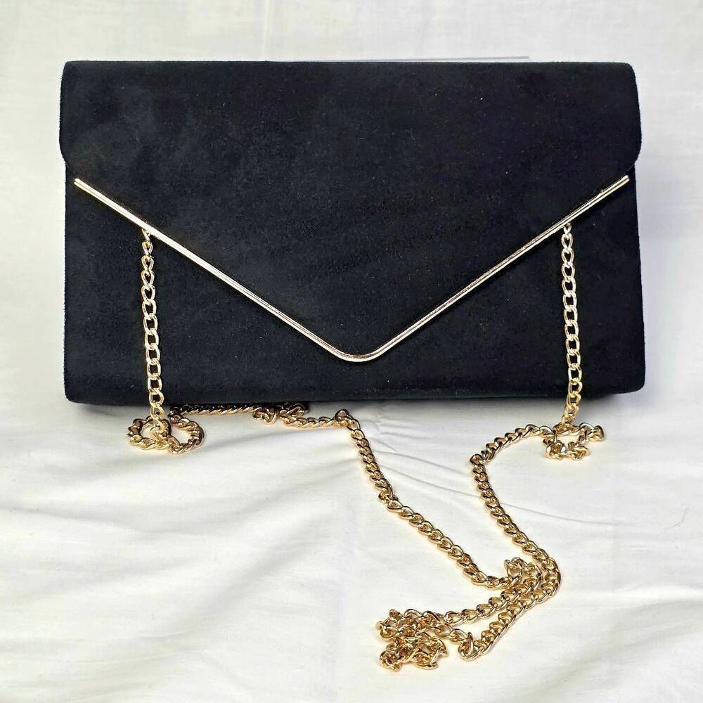Dasein Black Suede Envelope Clutch with Gold Chain